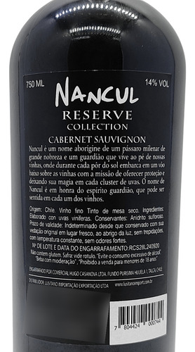 Vinho Tinto Chileno Cabernet Sauvignon Nancul Seco 750ml
