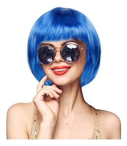Peluca Bob Corta Azul Para Mujer Disfraz Niña Cosplay Hallow