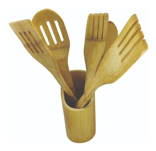 Imagem 3 de 10 de Conjunto Talheres Bambu 6 Peças Pau Colher Garfo Espatulas