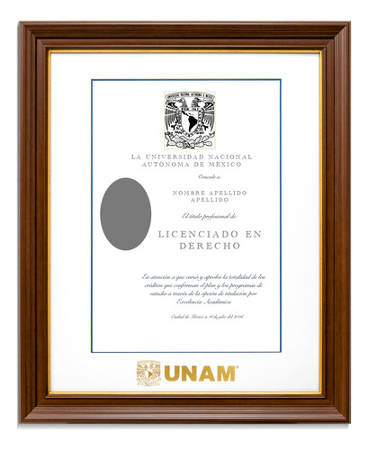 Marco Para Titulo Unam 40x50 Blanco/ Filo Azul Nogal/ Filo Oro