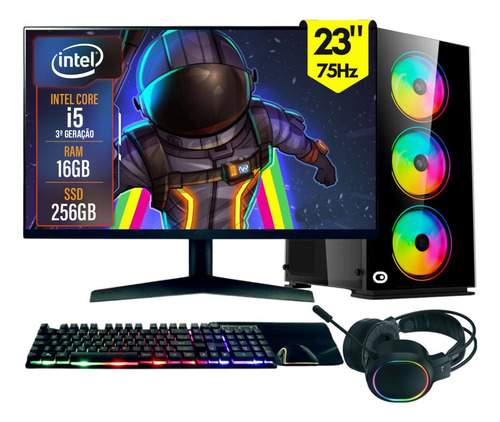 Computador Gamer Completo 2eletro RGB, Intel Core I5, 16gb Ram, SSD 256gb, Fonte 500w, Monitor 23" 75hz, Kit Gamer Completo - Pg2e-1018rg