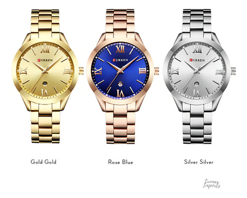 Reloj de lujo Curren 9007 para mujer con funda en V. Colores y correa, color oro rosa/azul