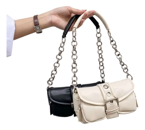 Cartera Baguette Mini Bolso De Hombro Cuero Pu Blanco Lisa Plateado Blanco