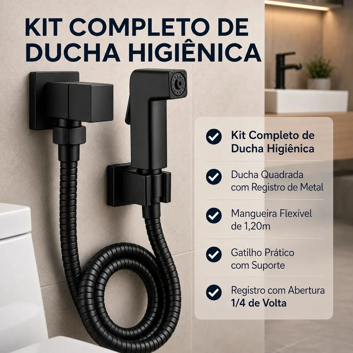 Ducha Higiênica Quadrada Luxo Metal Chuveirinho de Banheiro 1.20 mts Preto Completa ¼ Volta