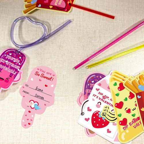 Juego De Pegatinas, Pajitas Y Tarjetas De San Valentín Para