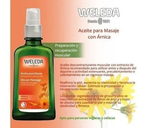 Imagen 3 de 10 de Aceite Masaje Árnica Weleda Vegano Celiaco Deporte Embarazo
