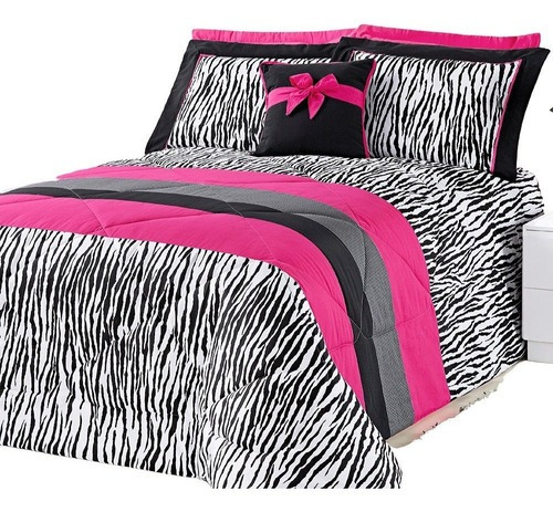 Cobertor Edredom Estampado Cama Queen Laço 4 Pçs Pink Zebra