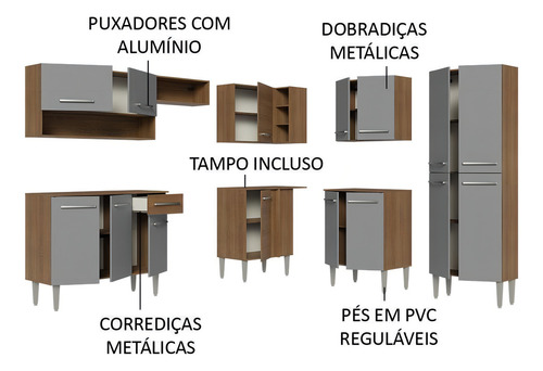 Mueble de Cocina de Esquina Completa Madesa Emilly 417cm 02 Color Rústico/Gris