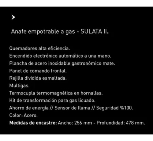 Imagen 5 de 7 de Anafe A Gas Tst Sulata Ii Acero 220v