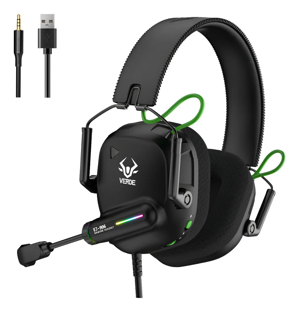 Headset Gamer Verde EJ-906 com LED e Microfone para PC PS4 PS5 Xbox