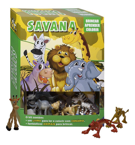 Livro De Colorir Com Cenário: Savana + 3 Animais De Brinquedo - Coleção Brincar Aprender Colorindo