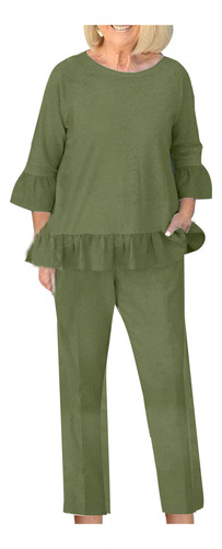 Conjunto De Blusa Y Pantalones De Algodón Y Lino Con Mangas
