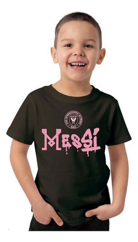 Remera Algodon Negra Niño Messi Logo Inter Miami Futbol 2