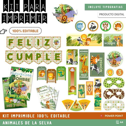 Kit Imprimible Cumple + Candy Editable Animales De La Selva