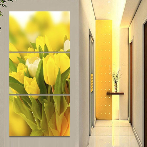 Quadro Vaso Tulipas Amarelas Flores 60x120 Mosaico Para Sala