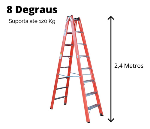 Escada Dupla Aluminio E Fibra De Vidro 8 Degraus 2,4 Metros