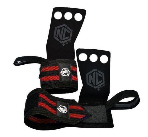 Luva Grip Munhequeira Pull Up Cross Protetor - Nc Extreme Cor Preto/Vermelho Tamanho M