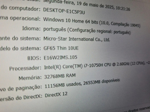 Notebook Gamer Msi Rtx 3060, Tela 144hz, I7 10th, 32gb Ram Preto (Usado)