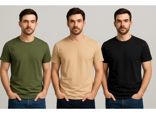 Kit Camisa Caqui Lisa Gola Redonda Algodão 100% 5 Unidades