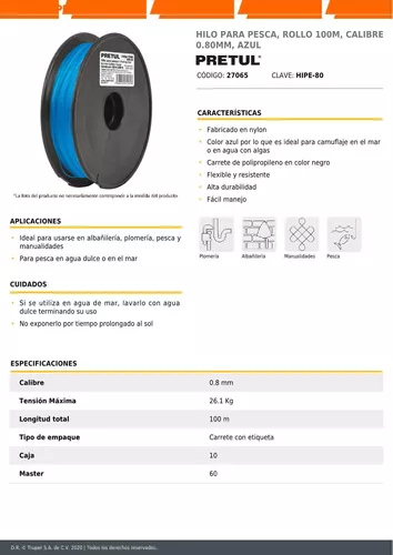 Carrete con 100 m de hilo para pesca azul calibre 0.80 mm [pretul]