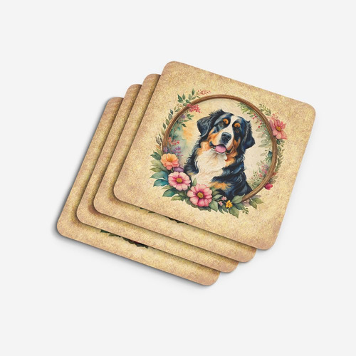 Posavasos De Espuma Con Flores Y Perro De Montaña Bernés