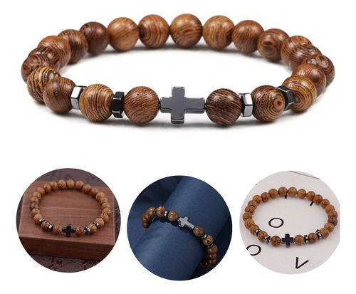 Pulsera De Piedra Natural Con Cruz Acero Brazalete Ajustable Café 17.5 Cm 17.5 Cm