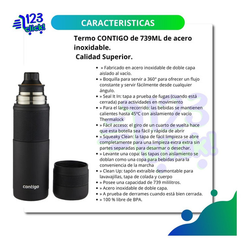 Imagen 2 de 9 de Termo Contigo De Acero Inoxidable 0.739l Sistema Anti Goteo