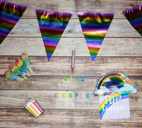 Imagen 1 de 2 de Combo Kit Set Arcoiris Multicolor Feli Cumpleaños Cotillon