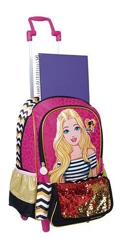 Mochila Barbie 19z Rodinhas Tam M Bolsinha Paetê  Estojo Cor Magenta / Dourado