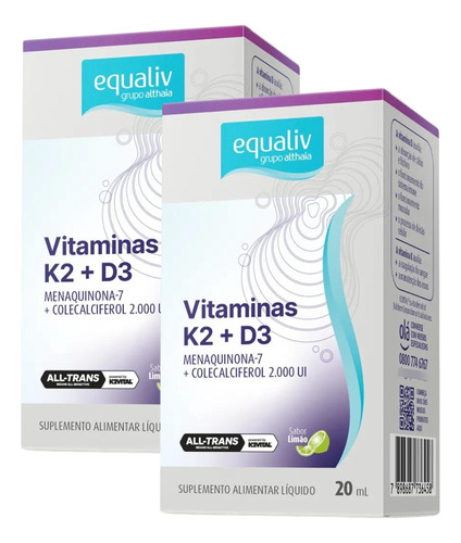 2x Vitamina K2 80mg + D3 2000ui 20ml Equaliv Limão