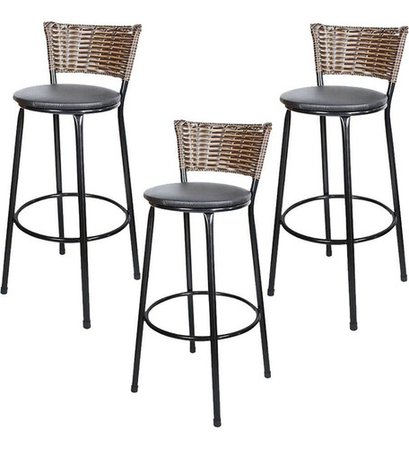 Kit 3 Banquetas  Bistrô Rattan Capuccino E Assento Preto