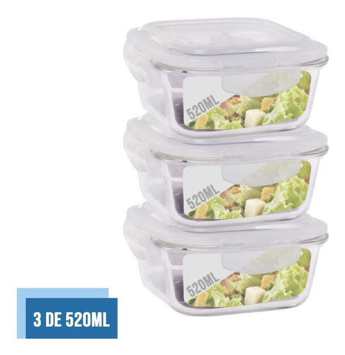 Conjunto 3 Potes De Vidro 520ml Hermético 4 Travas Marmita