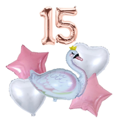 Set Globos Metalizados Cisne+estrellas+corazones Numero 7pz