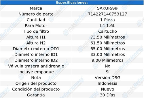 Filtro Aceite Seat Ibiza L4 1.6l 08-09 Sakura