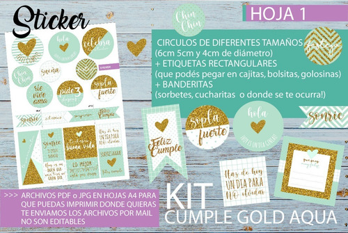 Kit Imprimible Desayuno Cumple Dorado Agua Mujer Amiga