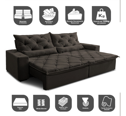Cama InBox Sofá Lisboa 2,72m Retrátil, Reclinável com Molas no Assento Tecido Suede Velusoft Café