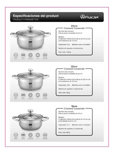 Batería Cocina 12p Acero Inoxidable Inducción Sienna Fraciel
