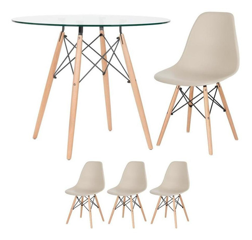 Kit Mesa Eames Wood 90 Cm Tampo Vidro E 3 Cadeiras Dsw Cor da tampa Nude