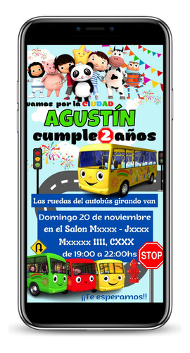 Invitación Digital Las Ruedas Del Autobús Personalizada 