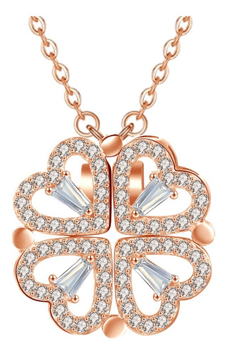 Imagen 2 de 10 de Collar Doble Vista Dorado Rosa Dije Corazones Trébol Mujer