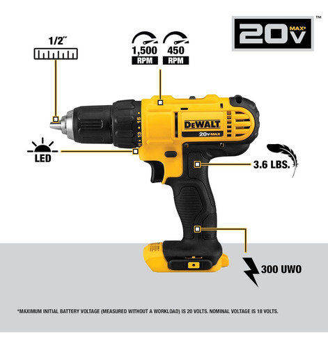 Dewalt Taladro Inalámbrico De 20 V Max, 1/2 Pulg Dcd777d1 Amarillo