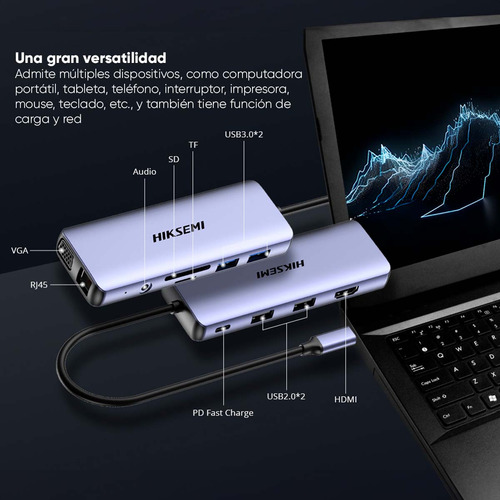 Hiksemi Hub Adaptador Usb-c 11 En 11 Salida Hdmi (4k)2 Salida Usb 2.0 2 Salidas Usb 3.0 1 Salida Vga 1 Salida Memoria Sd 1 Salida Tf (micro Sd) 1 Salida De Audio (8 - 48 Khz) 1 Salida Rj45 1 Entrada U
