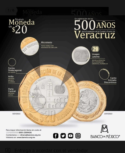 Moneda De 20 Pesos 500 Años De La Fundación De Veracruz