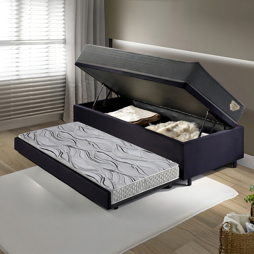 Bicama Baú Solteirão Com Colchão Adapto Suede Preto 96x203