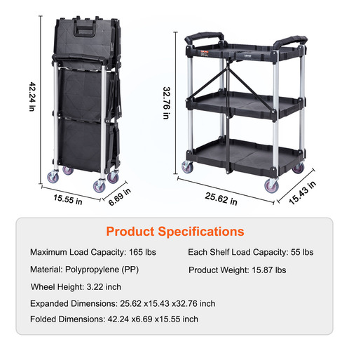 Vevor Carro De Servicio Utilitario Plegable De 3nivelesnegro