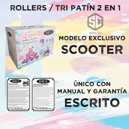 Imagen 7 de 10 de Rollers Patin 2 En 1 Extensibles Unicornio Completo Scooter