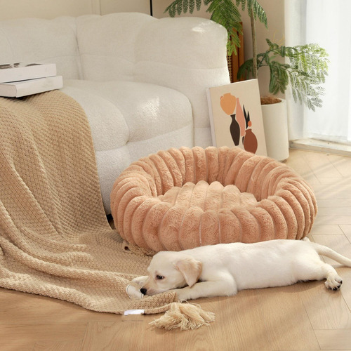 Cama Para Perros Con Almohada De Felpa Redonda Caqui 50cm
