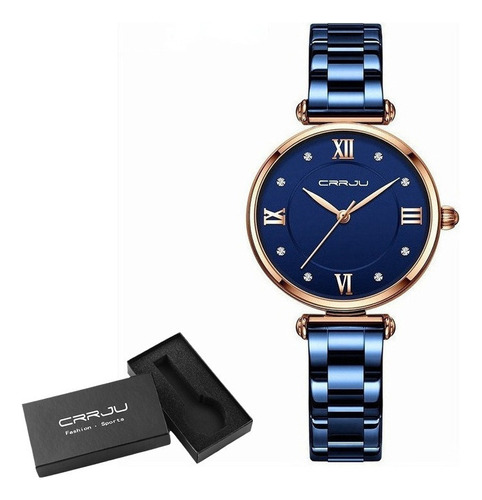 Relógios De Quartzo Modernos Em Aço Inoxidável Crrju Diamond Cor Do Fundo Azul