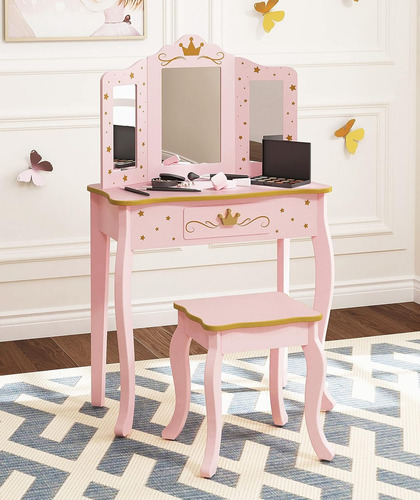 Utex Juego De Tocador Para Niños Con Espejo Y Taburete Rosa