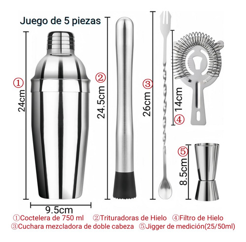 Juego De Cóctel Profesional De 5 Piezas: Coctelera De Acero